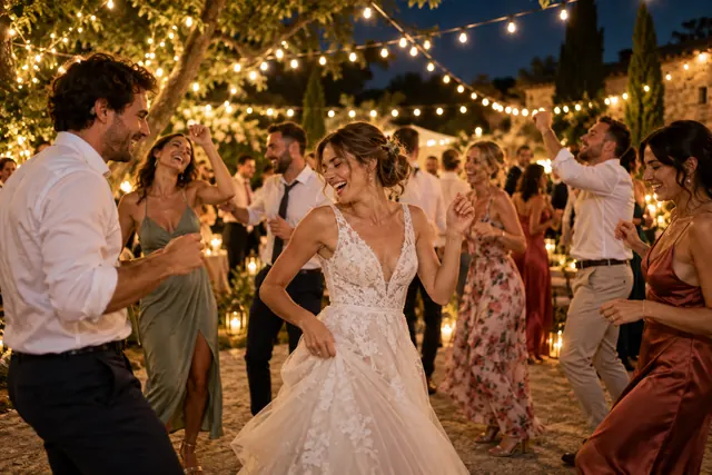 Brautpaar feiert seine Hochzeit unter Lichterketten im Freien